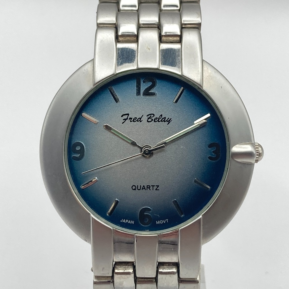 Fred Belay Men's Watch 40mm Matte Silver Tone Blue Ombre Dial New Battery 8.5"